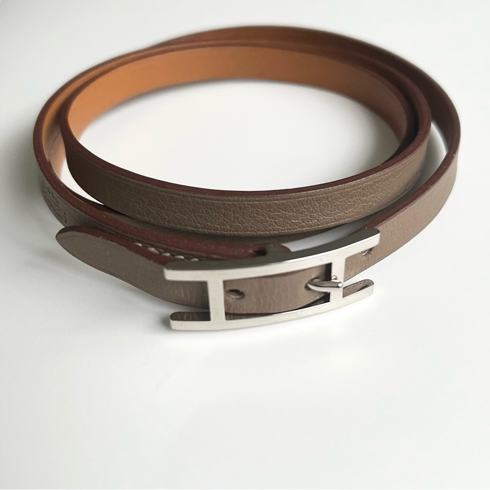 Authentic Hermes Hapi 3 MM Double H Wrap Bracelet Size T2 in etoupe
